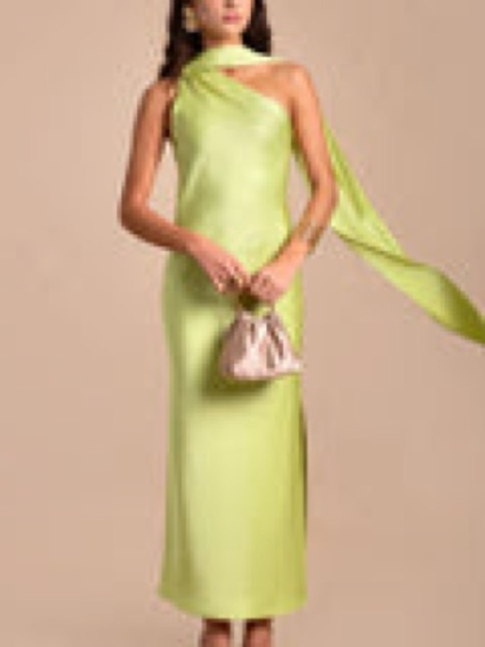 One-Shoulder Lime Green Evening Gown with Drape Scarf